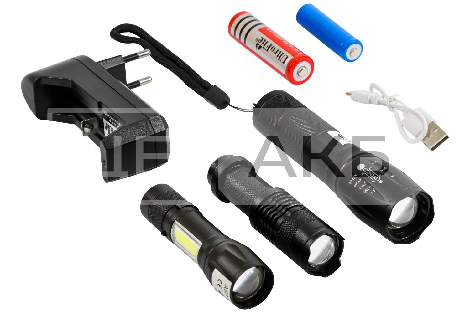 НАБІР ЛІХТАРИКІВ РУЧНИХ АКУМУЛЯТОРНИХ (КИШЕНЬКОВИХ) LED (3ШТ) XM-L T6/Q5/Q5+COB 1800/780/1000LM XMLT6Q5